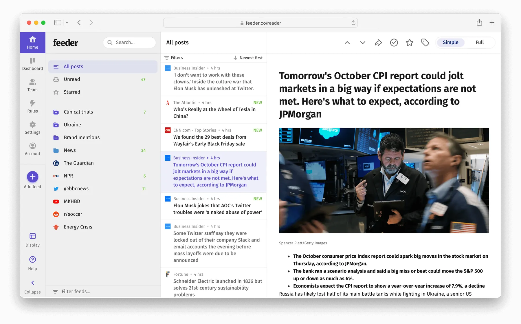 Feeder RSS feed reader dashboard screenshot