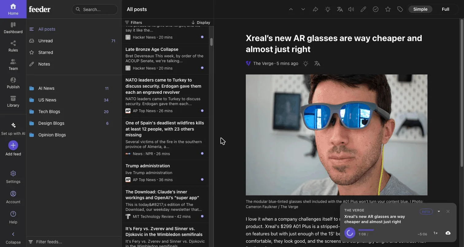 An open article in the Feeder reader, mid-play, with the audio player visible